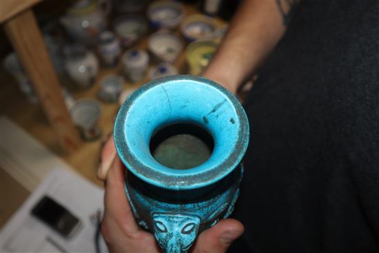 A Chinese celadon vase, a Chinese figure and two turquoise dragon vases